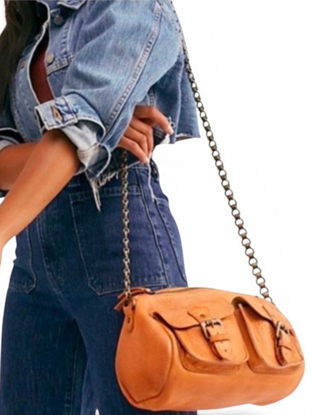 FREE PEOPLE Dylan Duffle Pebbled Leather Buckle Pocket Chain Strap Purse